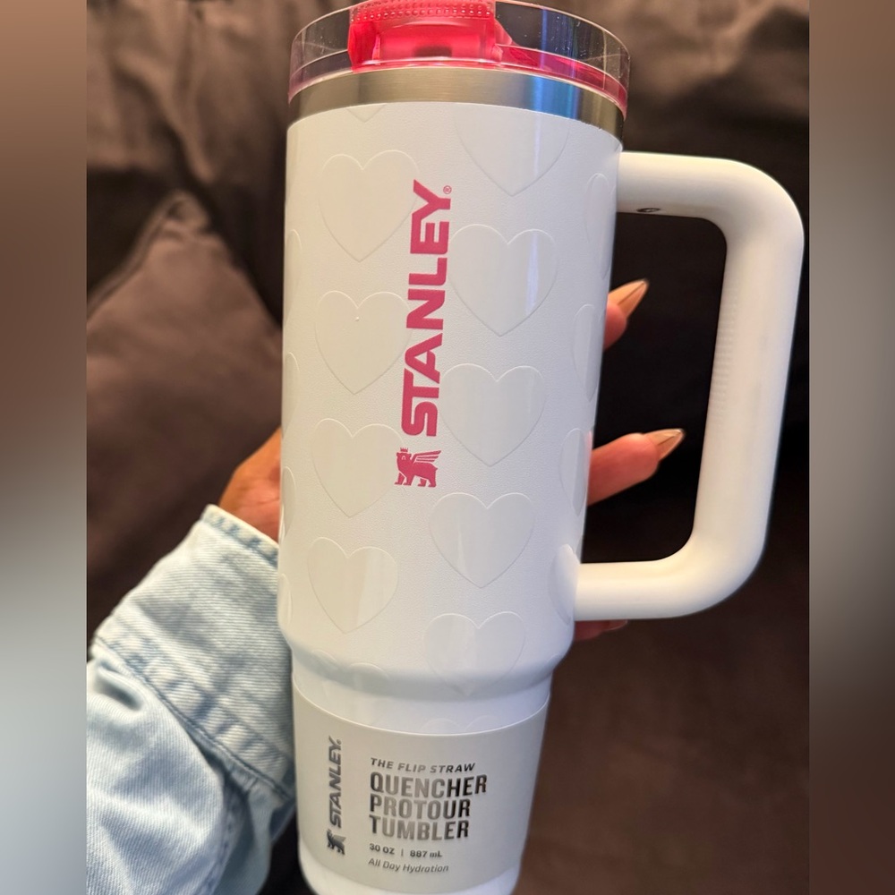 Stanley Pink Logo White Tumbler with Hearts
